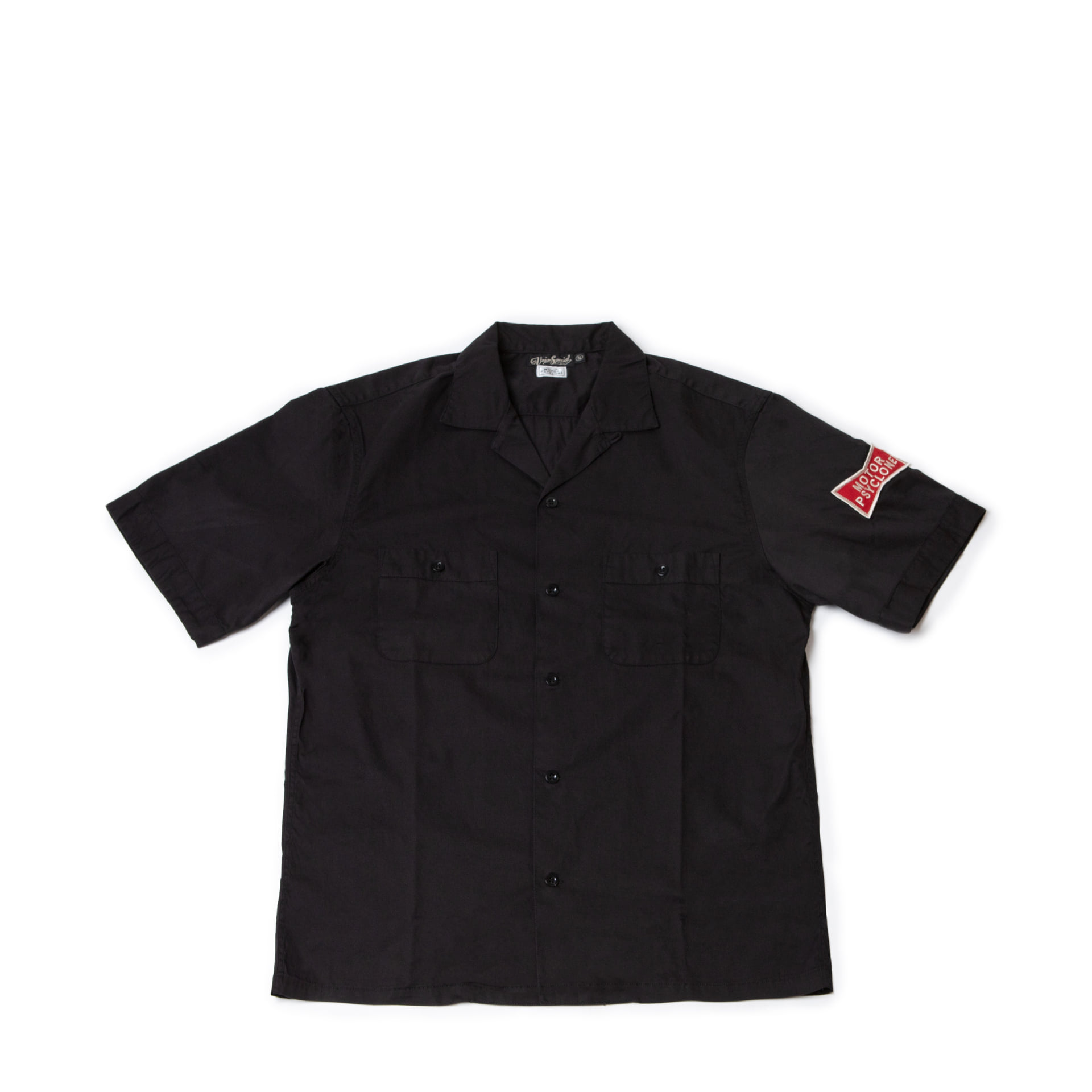[UNION SPECIAL OVERALLS]x[MOTOR PSYCLONE] Cal OPEN-COLLARED SHORT SLEEVE SHIRT &quot;ON THE HIGHWAY&quot; (Rude Black)