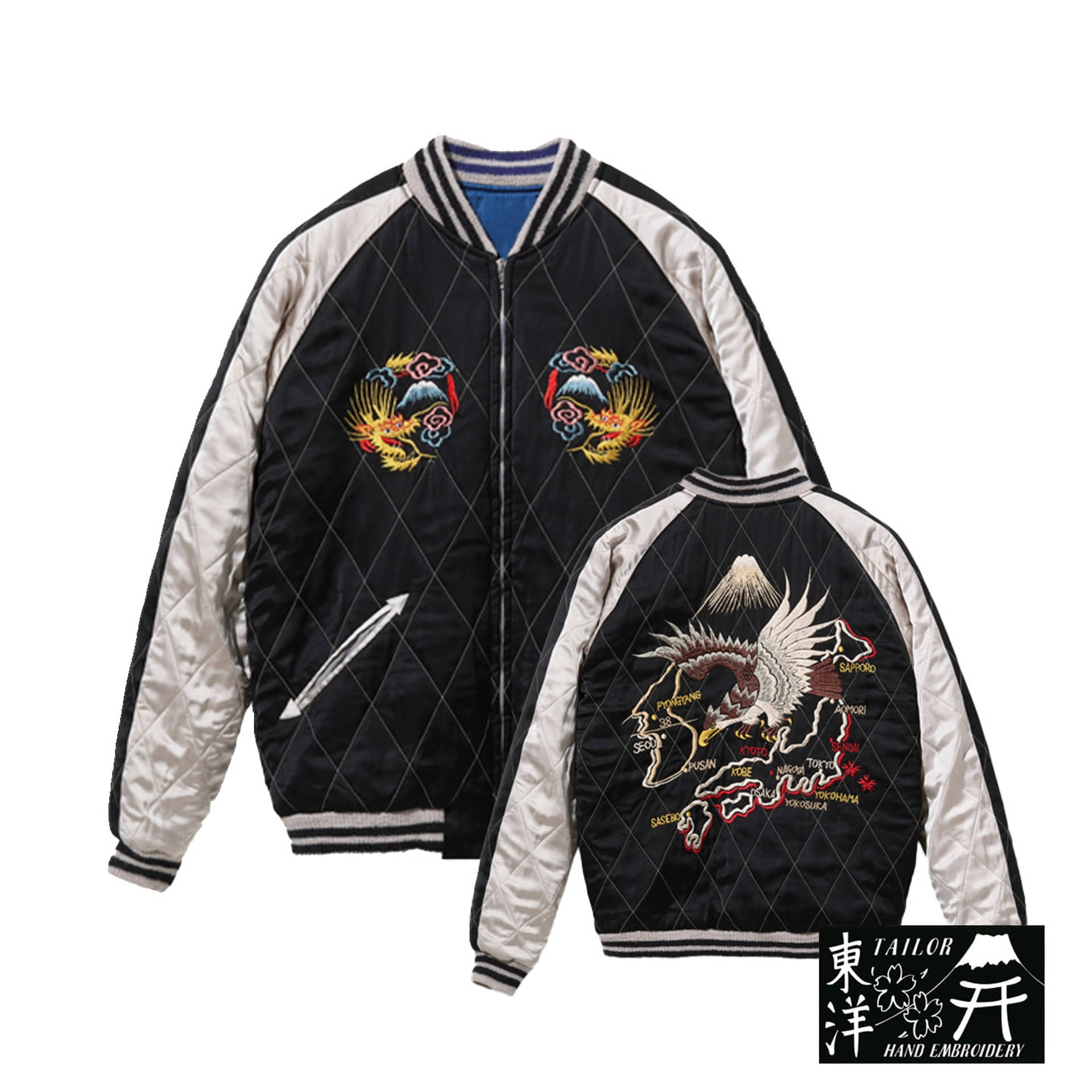 MID 1950&#039;s STYLE ACETATE QUILTED SOUVENIR JACKET “KOSHO &amp; CO.” SPECIAL EDITION   “EAGLE &amp; JAPAN MAP” × “DRAGON &amp; TIGER” 